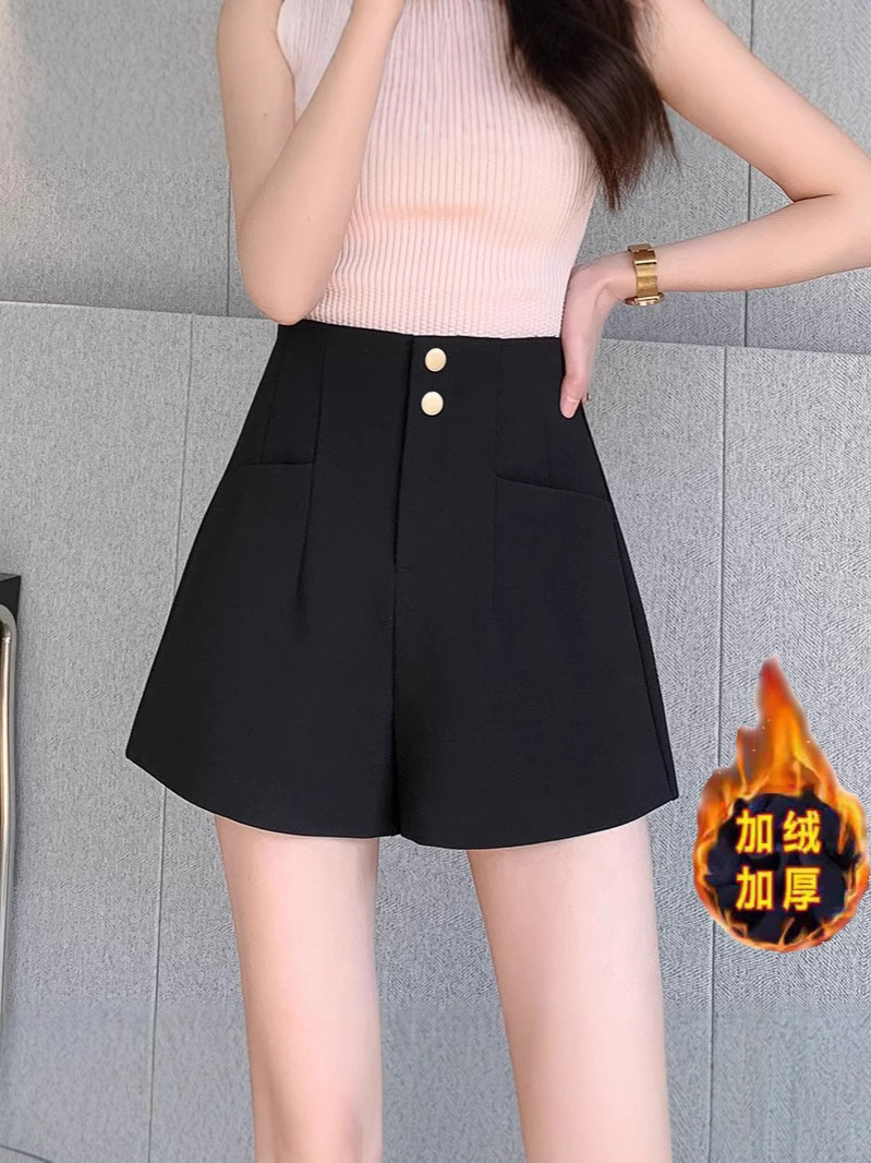 Korean version of high waist slim wide leg casual pants women's 2025 spring fleece-lined new fashion Joker A- shaped suit shorts