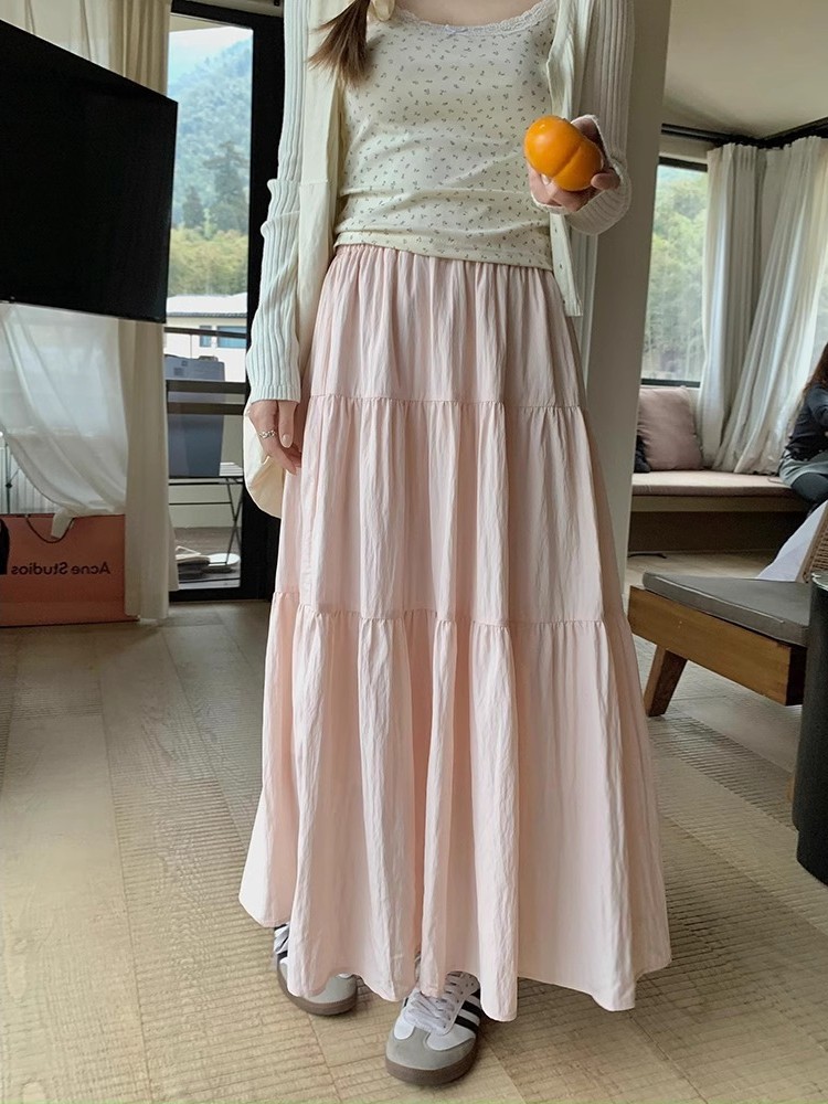 Gentle Style Pink Skirt Women's Sweet Age-reducing Waist Slimming Layered Small A- line Long Skirt Spring and Summer Dress