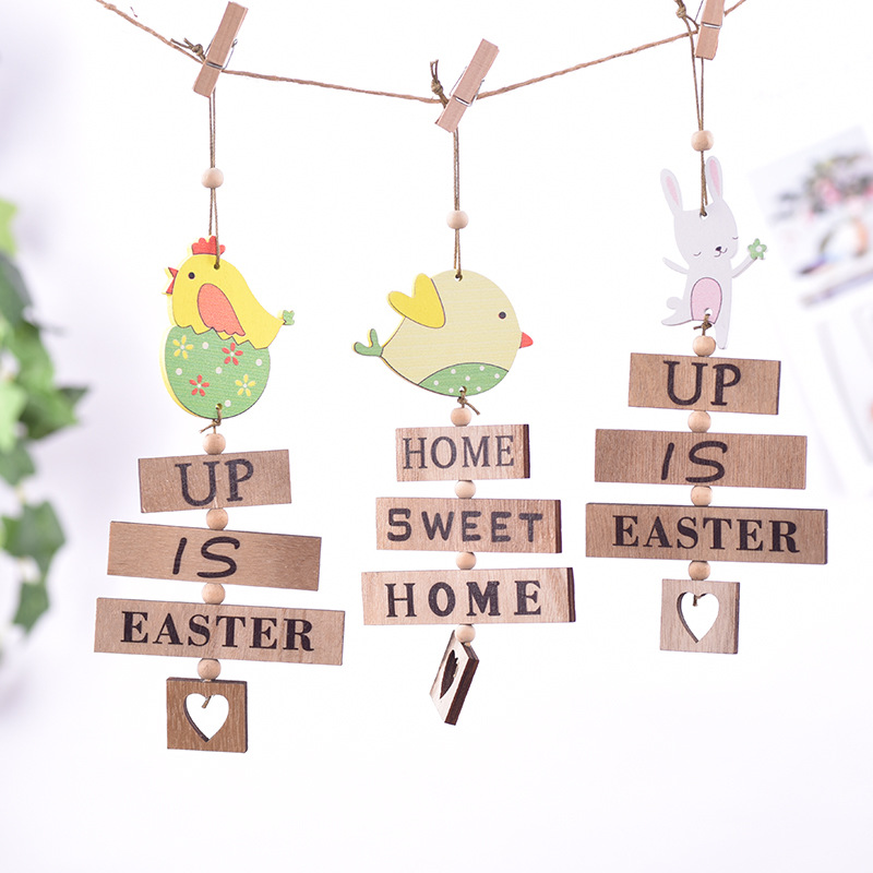 Cross-Border New Easter Decoration Easter Egg Bird Rabbit Chick Wooden Pendant Egg-Shaped Wooden House Pendant