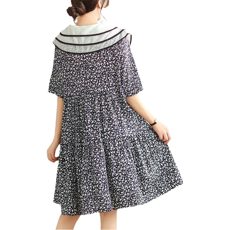 Real Shot of 2025 Summer Artistic Loose Plus Size Women's Doll Collar Slimming Look Petite A-Line Floral Dress