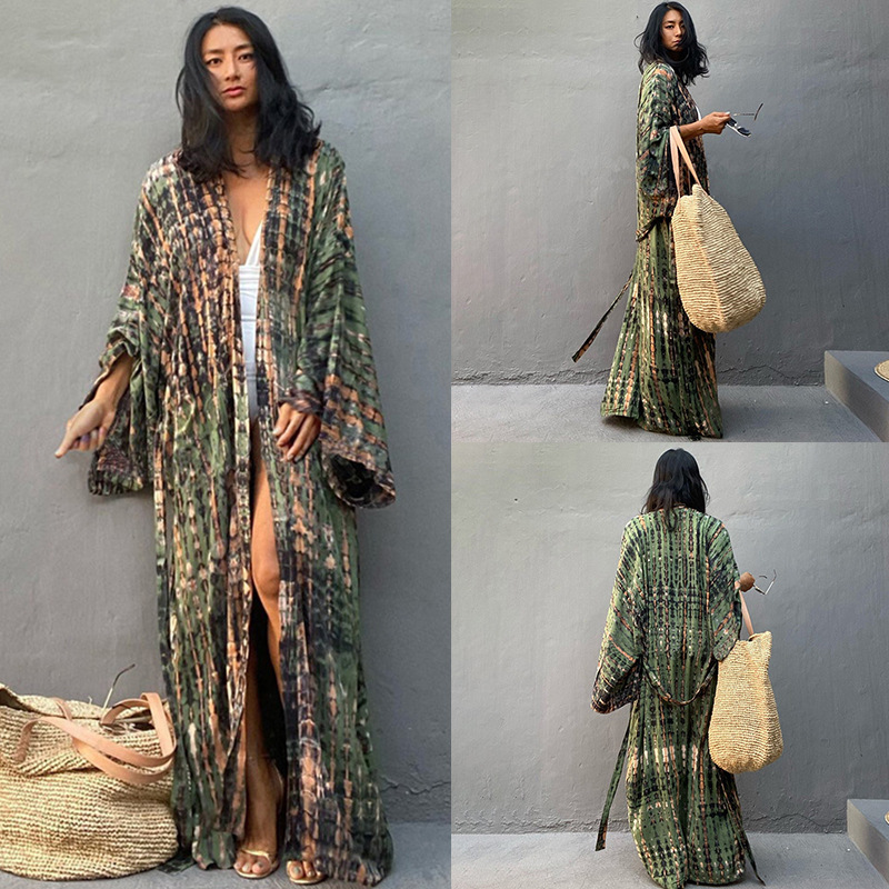 Cross-border European and American rayon printed vacation wide sun protection shirt beach coat bikini blouse swimsuit outer wear long cardigan