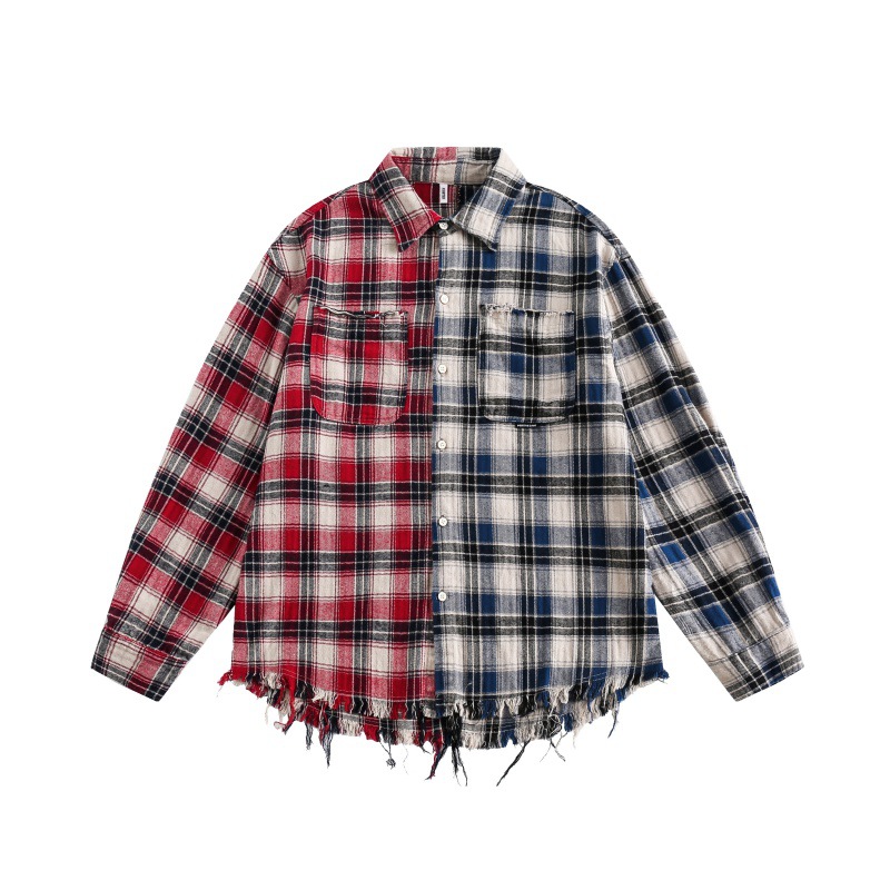 Picture of Cross-Border American Style Contrasting Plaid Splicing Tassel Long-Sleeved Shirt Loose Trendy Brand Design Top Casual and Versatile