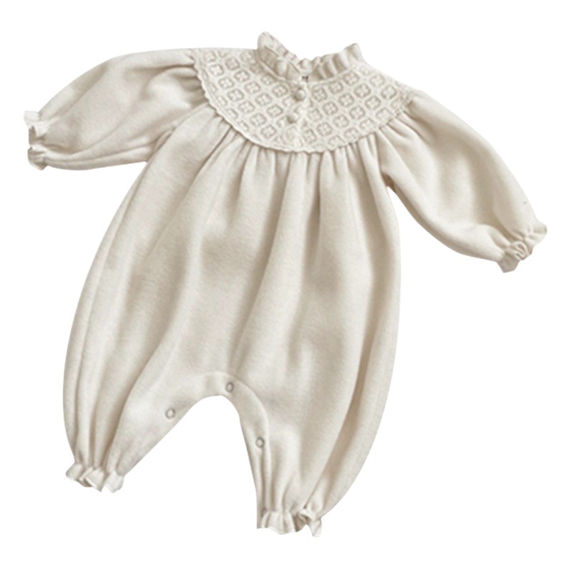 2024 spring Korean baby stand collar lace stitching double-sided velvet long jumpsuit baby girl climbing suit bag fart