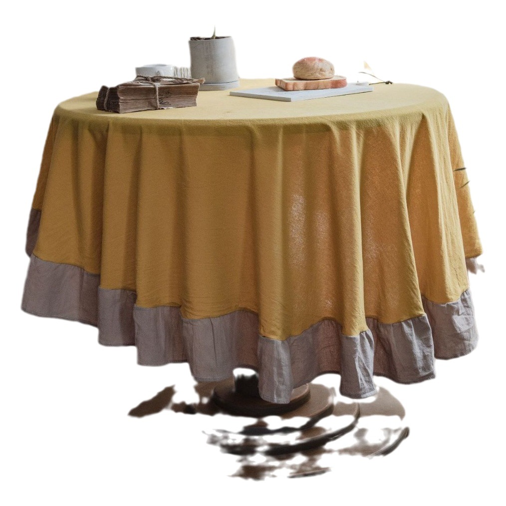 Imanqi Rhyme Ruffled Yellow Tablecloth Plain Round Table Table Washed Cotton Household Rectangular