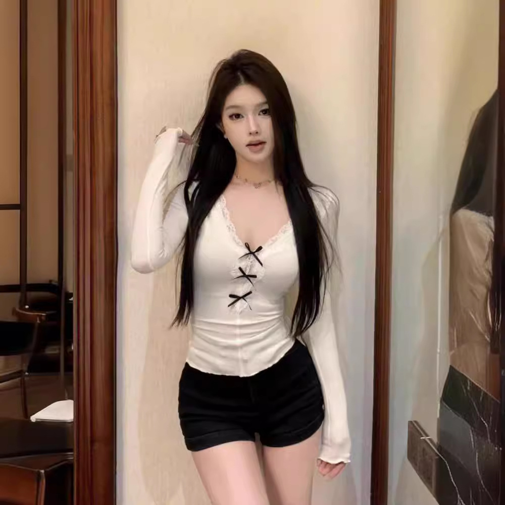 Bow Lace V-Neck Long-Sleeved Knitwear for Women Spring Slim Short White Inner Layering Shirt Top
