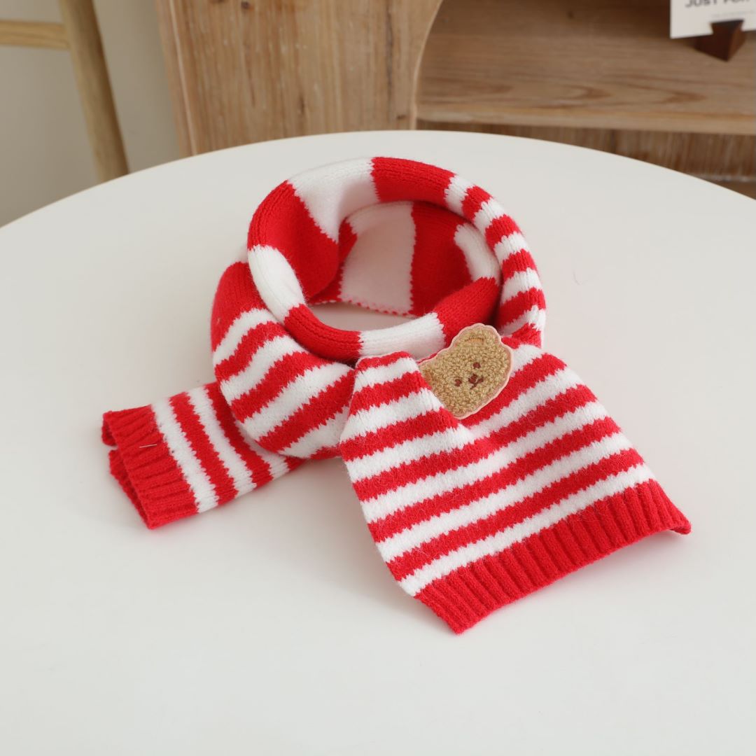 Picture of Children's Woolen Scarf Korean Style Color-Blocked Stripesd Knitted Embroidered Korean Bear Cute Woolen Scarf for Boys and Girls