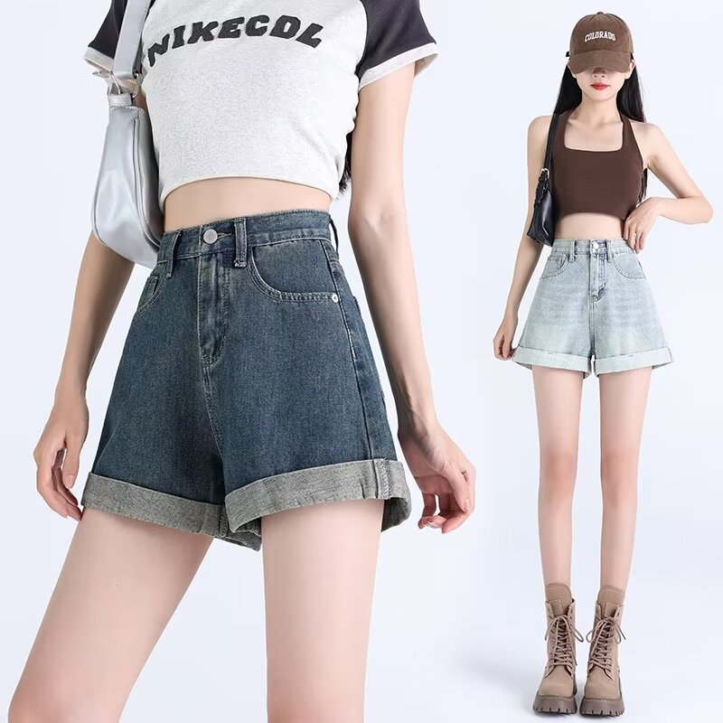 Retro Wide Leg Denim Shorts Women's 2024 Summer New Arrival Curl High Waist Korean Style Slim-fit A- shaped Loose Hot Pants