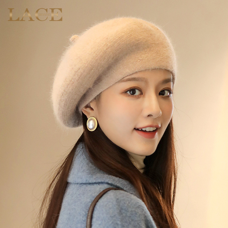 Rabbit Fur Hat Women's Autumn and Winter Korean Style Warm Beret Fashion All-match Knitted Ear Wool Fragrant Style Pullover Cap