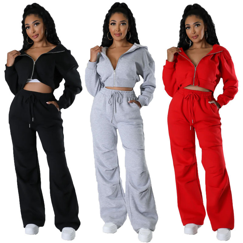 Y1271 European and American women's clothing 2024 Amazon autumn and winter new hooded zipper waist sweater fashion casual suit