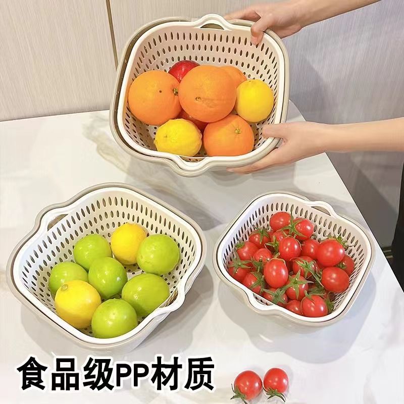 Picture of Double-layer Draining Basket Vegetable Washing Basin Fruit Plate Living Room Household Six-piece Kitchen Washing Fruit Basket Amoy Vegetable Basket