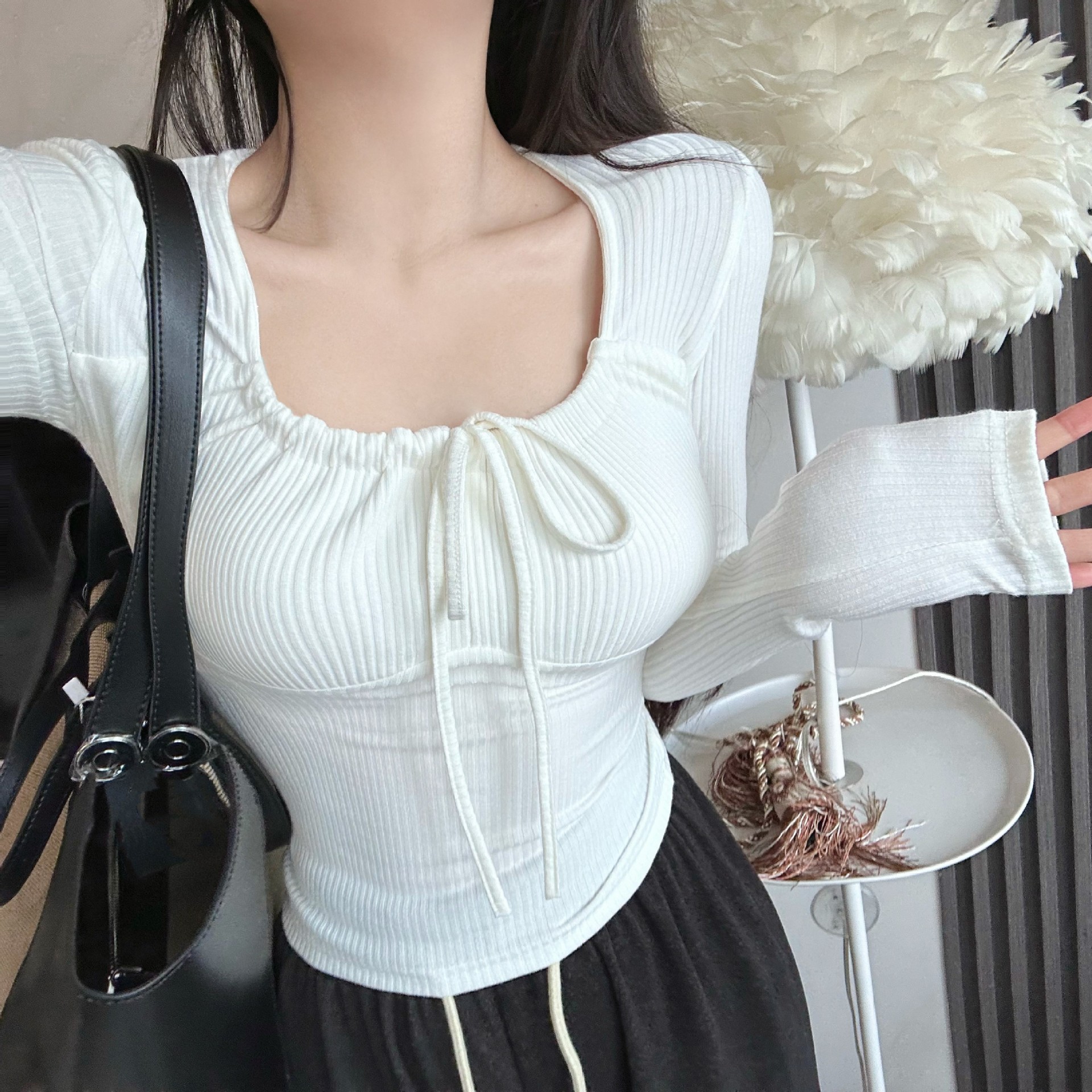 Rib pit corduroy 260g bottoming shirt top slim fit sweet girl lace-up low collar long sleeve T-shirt