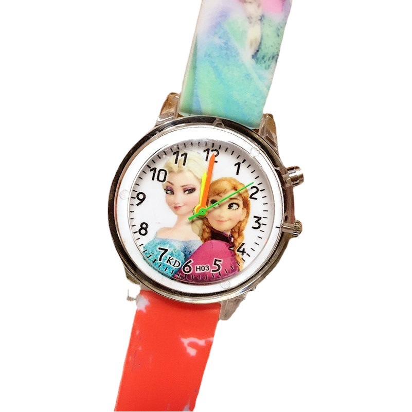 Foreign Trade Cute Children's Watch Wholesale Cross-Border Supply Flashing Watch Elsa Cartoon Girl Printed Luminous Quartz Watch
