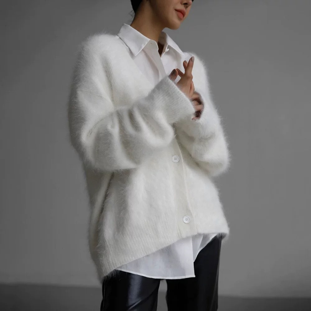 Picture of Autumn and Winter Lazy Loose Long-Sleeved V Neck Imitation Mink Knitted Cardigan Sweater Jacket for Women