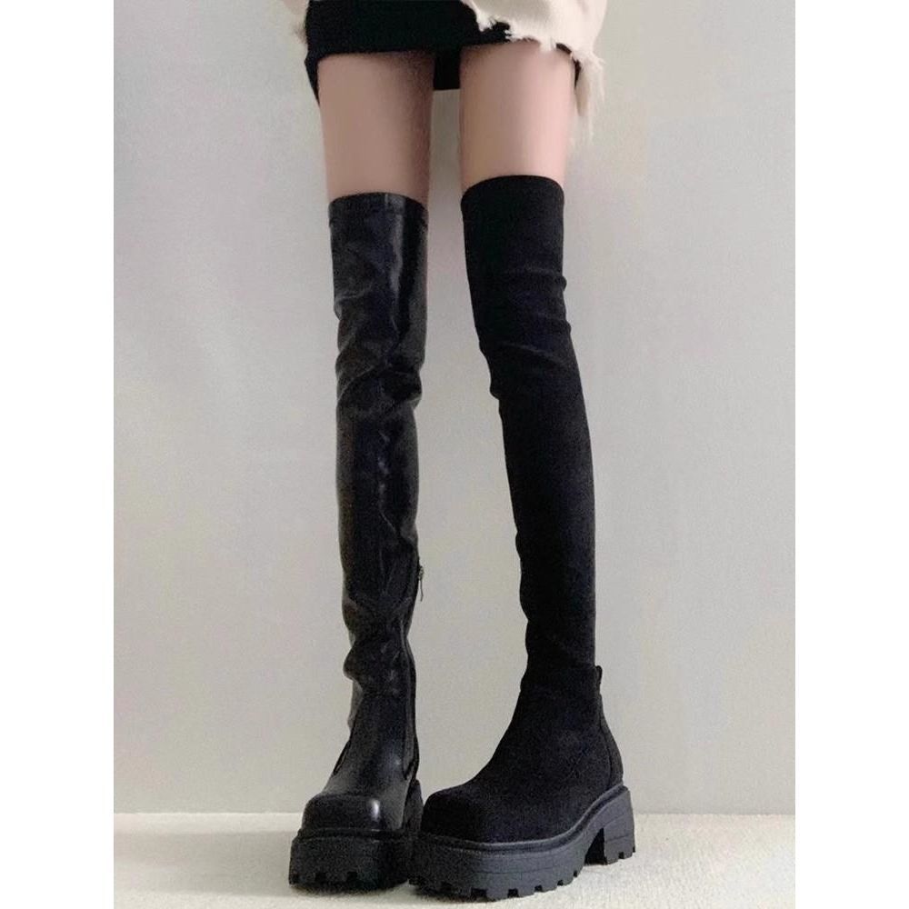 Square sugar over-the-knee boots women's long legs stretch slimming boots thick heel platform high suede riding boots women's fashion