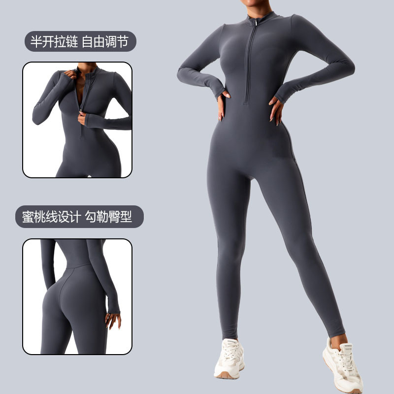 European and American Cross-border Autumn and Winter Zipper Long-sleeved Trousers Yoga Bodysuit Women's Sports Fitness Dance Tight Bodysuit
