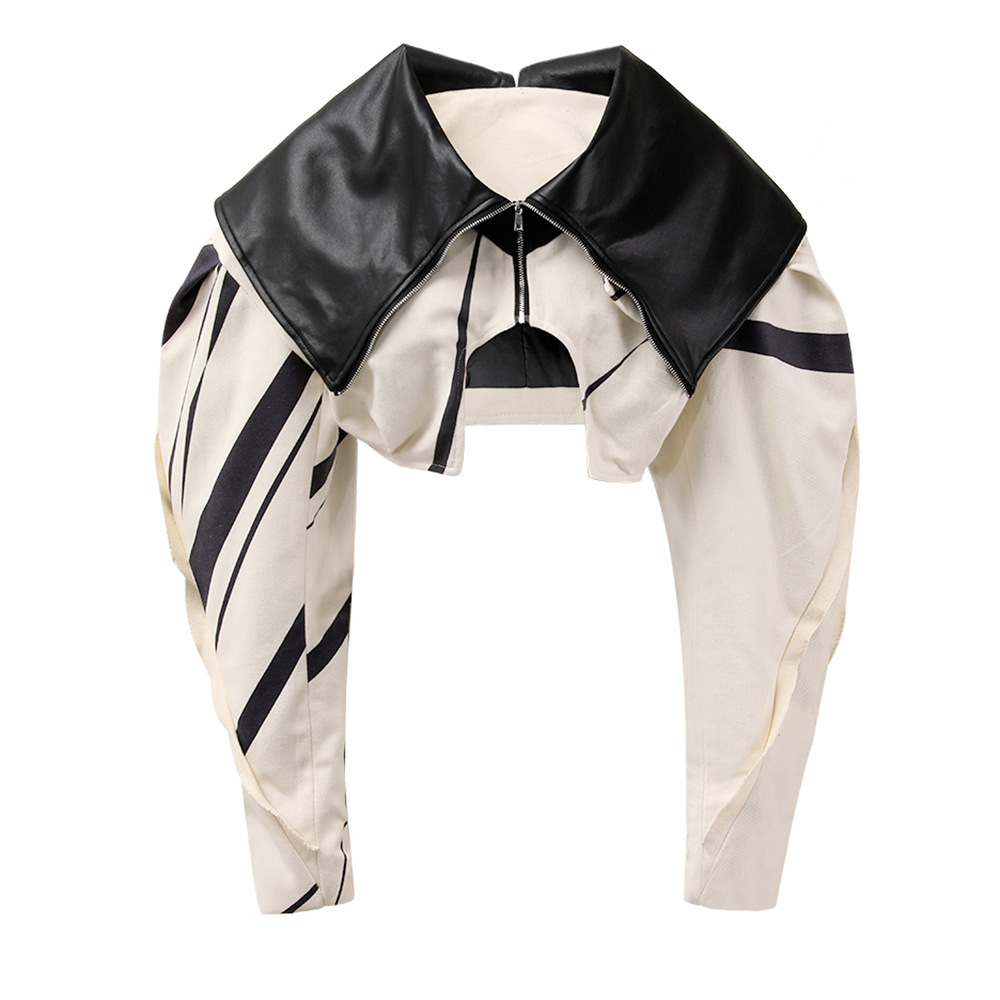 Picture of Personalized heavy industry design short coat for women Spring New style frayed edge contrast color stitching PU temperament lapel motorcycle top
