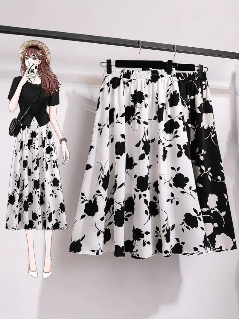 Plus Size Women's High-Waisted Slimming Hip-Covering Large Hem Skirt 2024 Summer Fat mm Mid-Length Style Rose Skirt