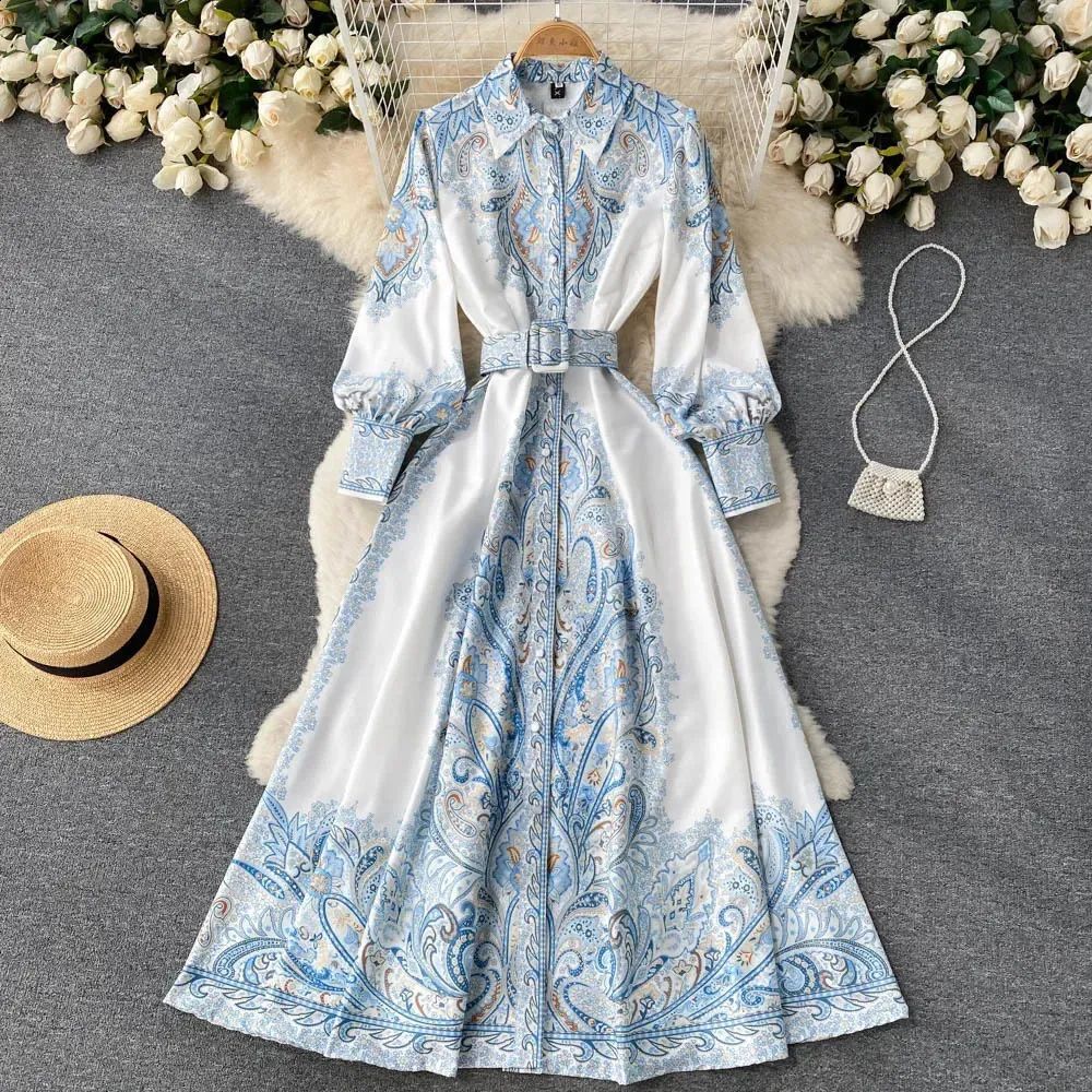 FD2098 Amazon 2025 European and American new fashion retro printing temperament high-end French waist dress