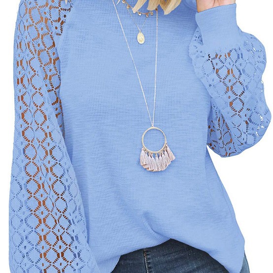 Picture of 2025 New Women's Clothing Amazon Cross-Border Round Neck Long Sleeve Lace Patchwork Loose Top for Women