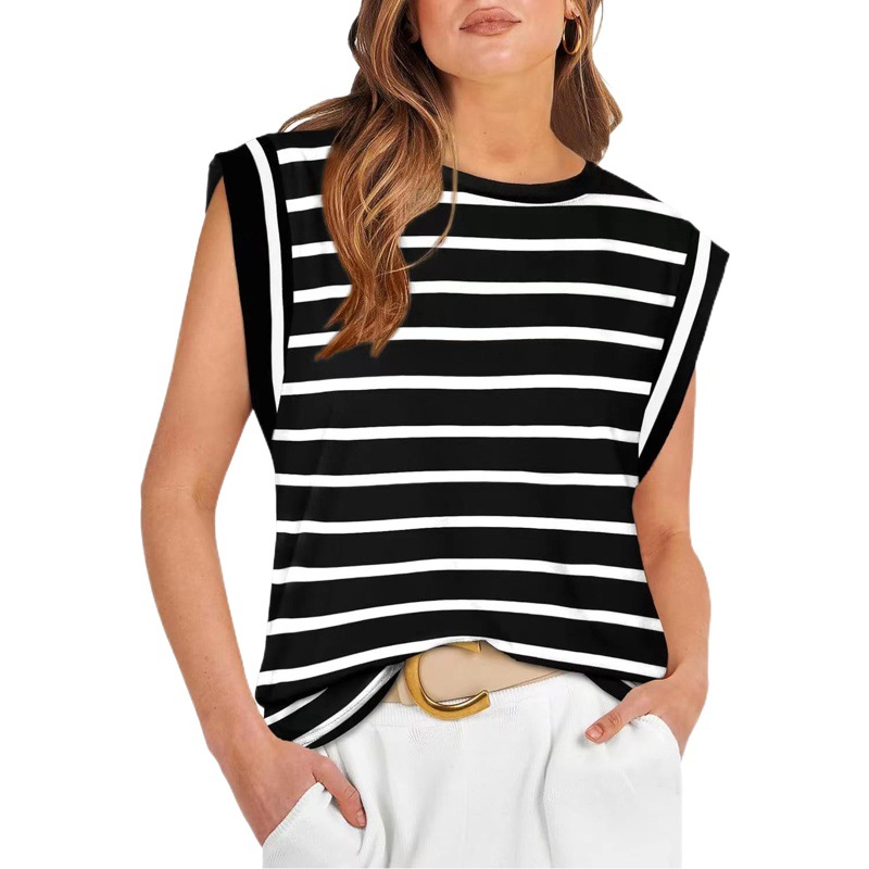 24 European and American Foreign Trade Cross-border Amazon Summer New Striped Solid Color Loose Crewneck Short-sleeved Top T-shirt Vest
