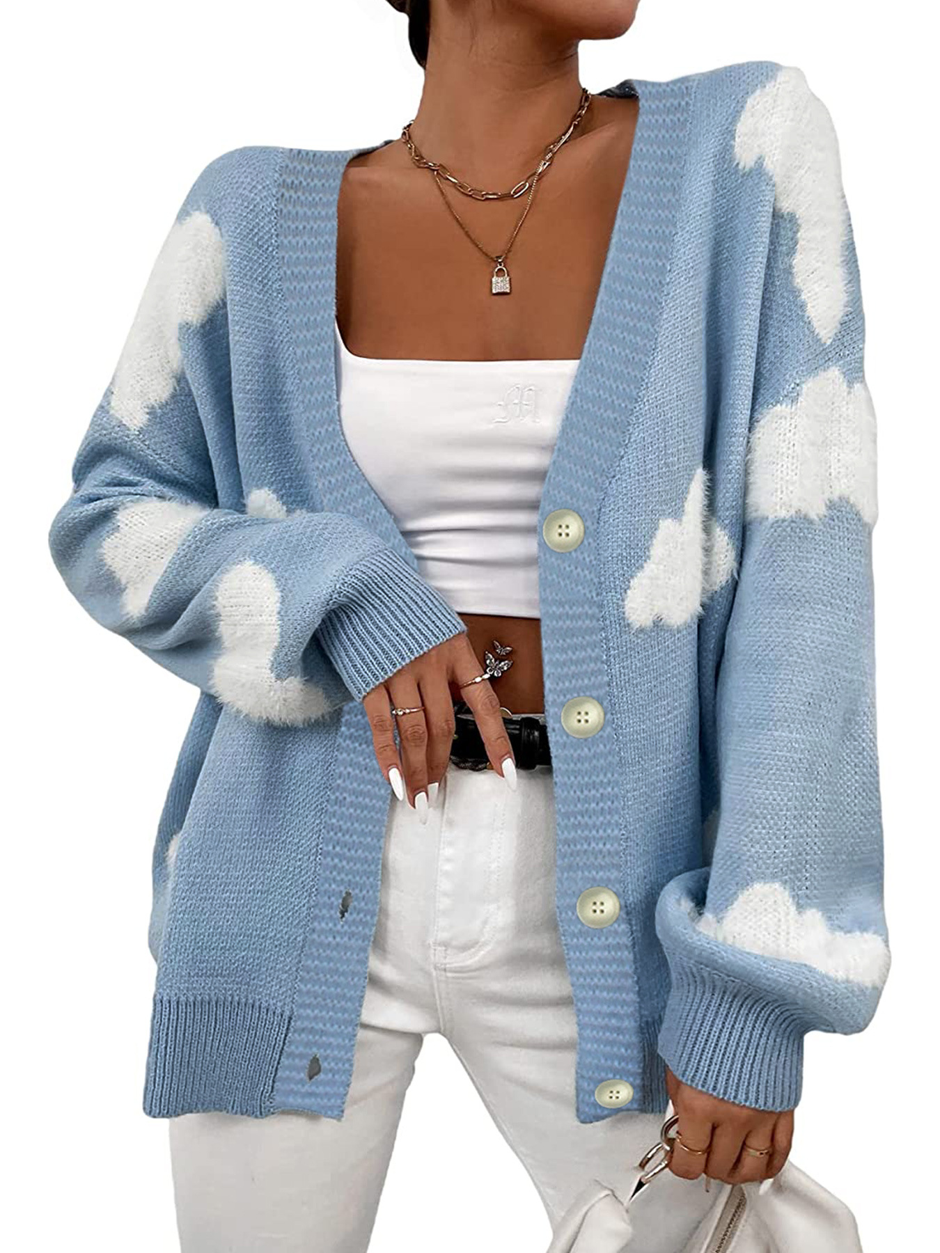 Foreign trade cross-border Europe and America Amazon source manufacturers women's sweater long sleeve cardigan white clouds jacquard long spring and autumn