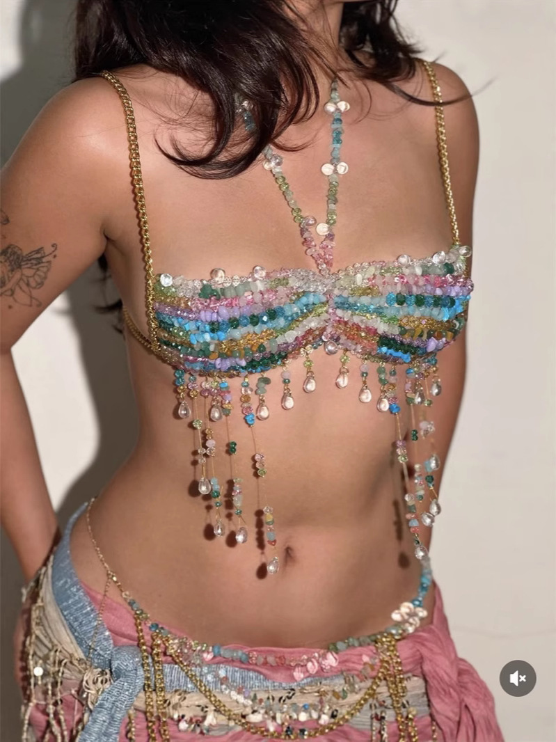 European and American Cross-border Women's Sexy Spice Girl Color Vest Women's Outer Wear All-match Strapless Chest Beaded Body Chain Top