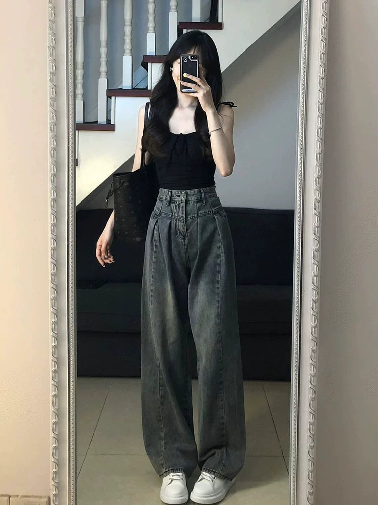 High Street Jeans Women's Spring and Autumn Wide Leg Pants Casual Small Girl Casual American Style Retro Straight Trendy Trendy Pants