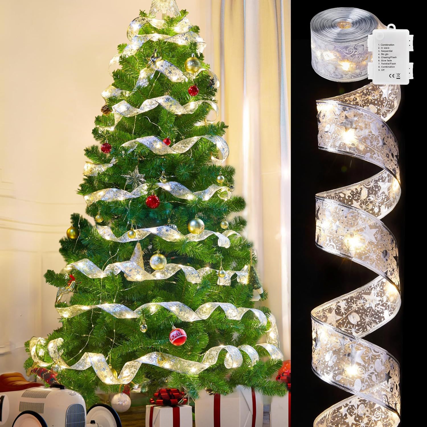 New Christmas Decorative Lights Silver Satin Warm Light Flashing Lights with Christmas Tree Decoration Atmosphere String Lights Ribbon String Lights