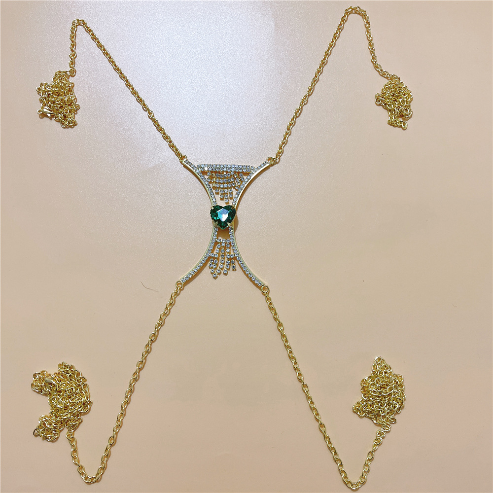Picture of European and American fashion chest chain luxury Emerald Tassel chest support women sexy rhinestone body chain