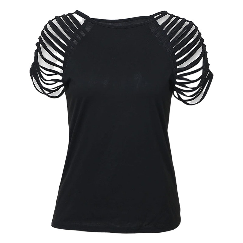 2025 Amazon Women's European and American Sexy Slim Fit Hollow Pull-Up Top Fashion Easiest for Match Short Sleeve Round Neck T-Shirt