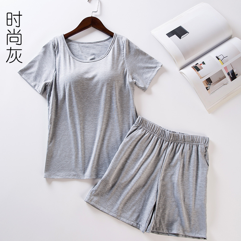 Picture of Modal Women's Padded Short-Sleeved Pajamas Set Bra-T All-In-One Bra-Free Half-Sleeved Loose Shorts Home Clothes