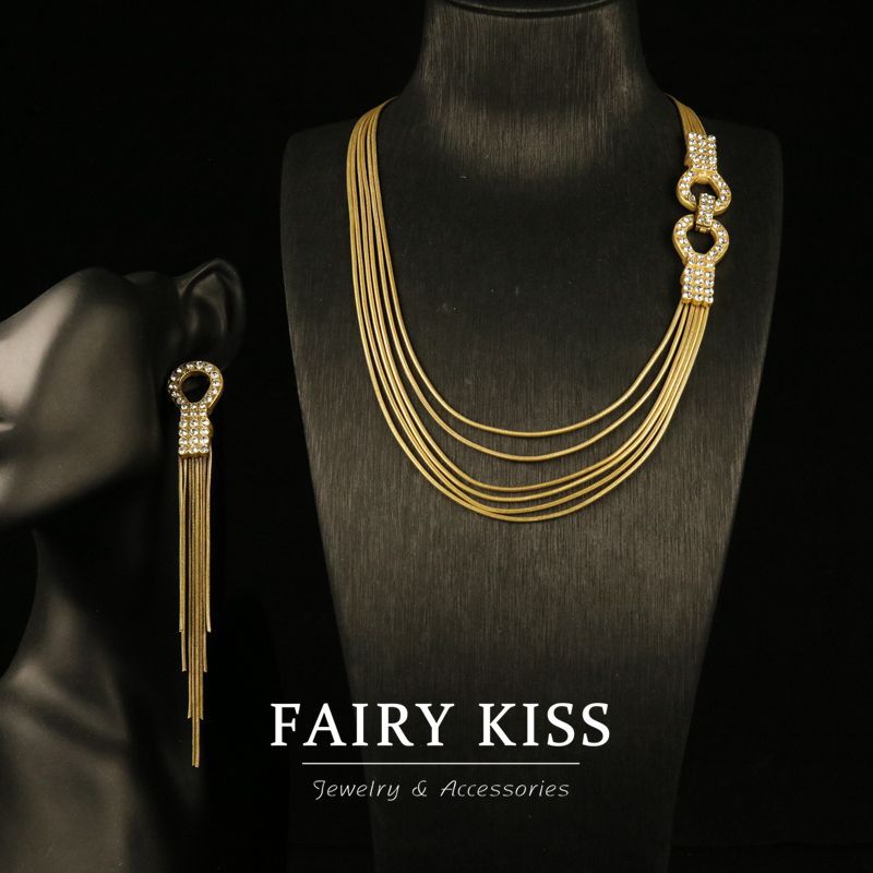 Light Luxury Exquisite Electroplated Old Gold Inlaid Diamond Copper Chain Simple All-match Necklace suit High-end Elegant Jewelry