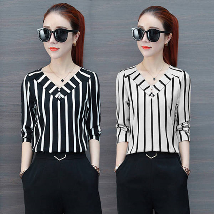 Picture of 2025 Spring and Autumn Korean Fashion New Striped Shirt Women's Loose Slim Bottoming Shirt Cross-Border Women's Top Summer
