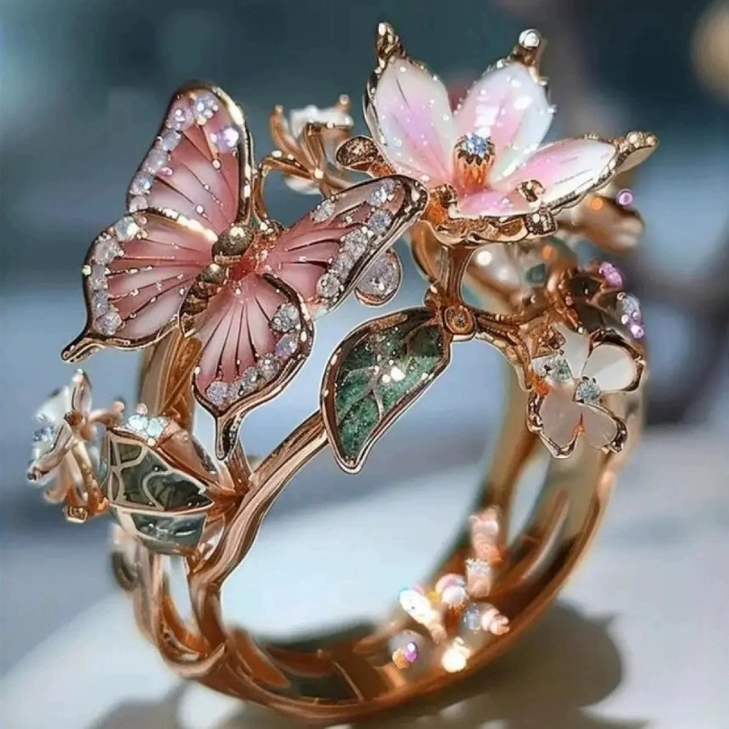 Cross-Border Independent Station New European and American Butterfly Exquisite Fashion Open Ring Creative Oil Drop Flower Decorative Ring