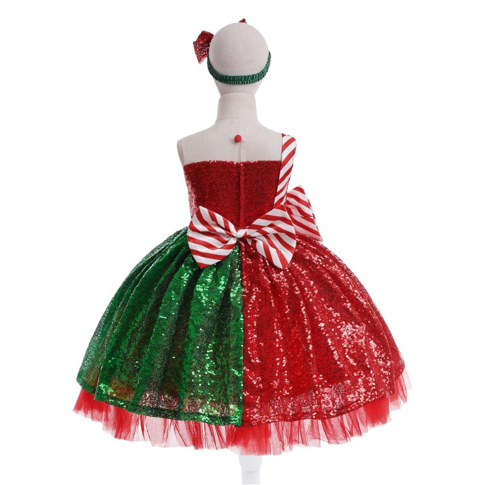 Children's Sequins Christmas dress Girl's Bow Red Green Princess Dress Girl's Birthday Party Performance Dress