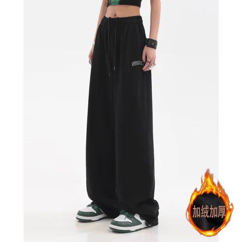American Style High Street Sports Pants Women's Autumn and Winter Fashionable High Waist fleece-lined Thickened Wide Leg Pants Casual Sweatpants Lazy Style