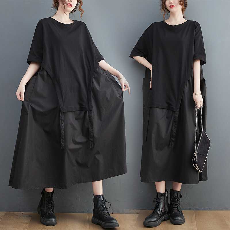 2022 summer new Korean style plus size loose round neck T-shirt stitching drawstring large pocket long dress