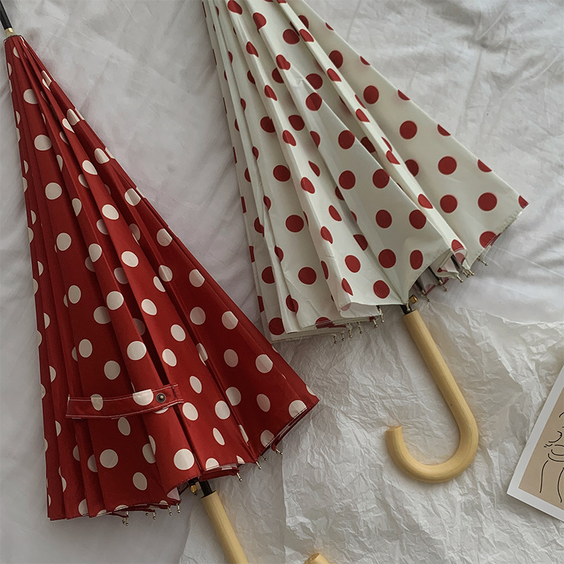 Advanced Sense Hong Kong-style Long Handle Umbrella Women's Wave Dot 16-bone Increased Umbrella Folding Automatic Solid Dual-use for Sunny and Rainy