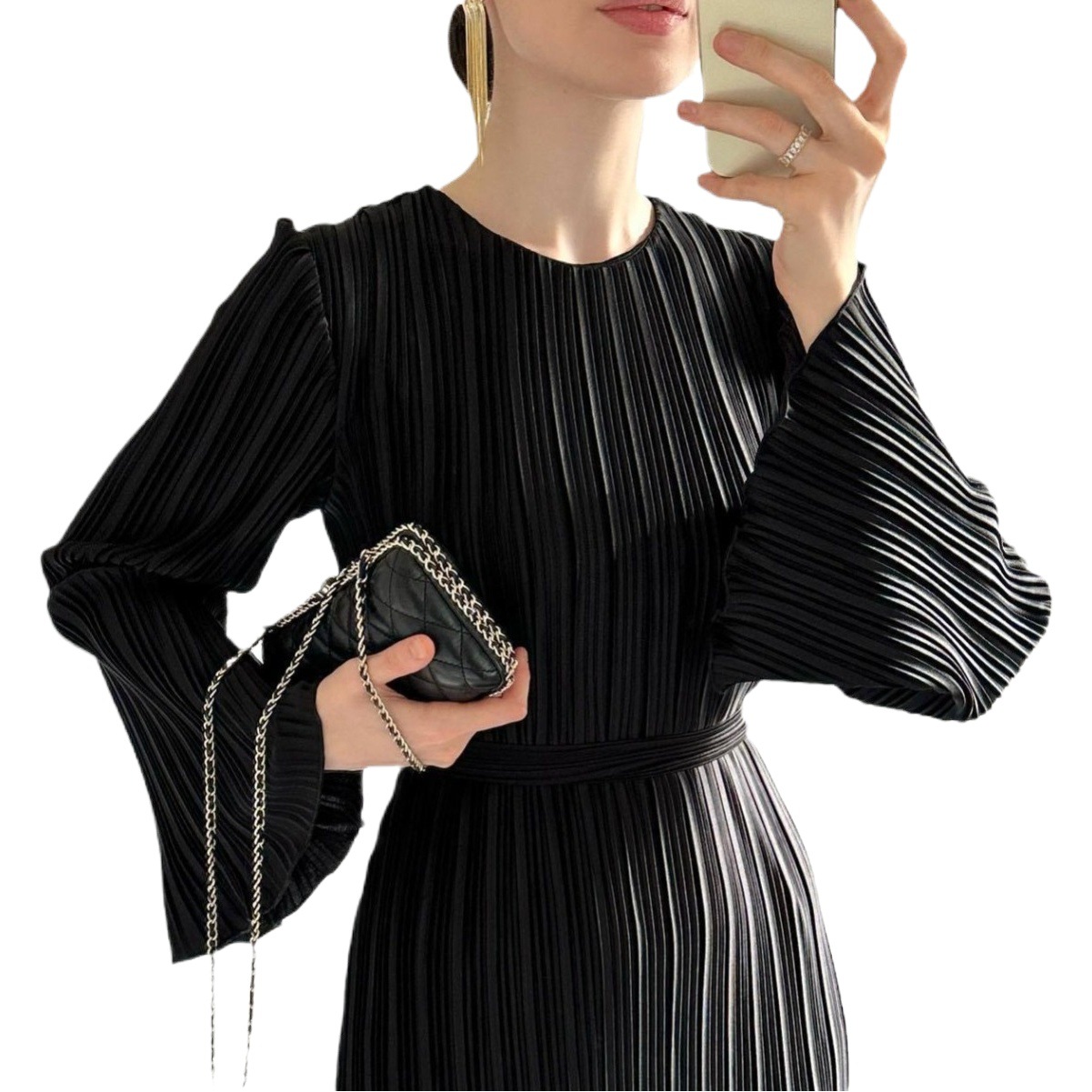 Amazon European and American Clothing 2024 Autum New Long Skirt Elegant Pleated Bell Sleeve Mid-Length Dress