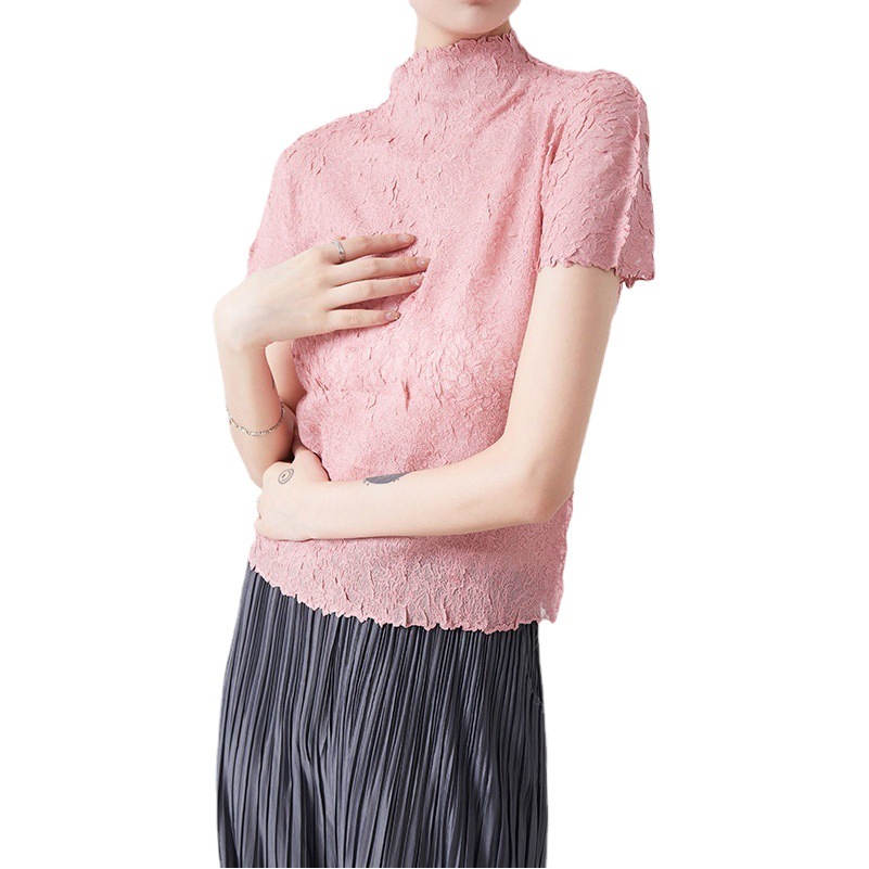 Half-high Collar Short-sleeved T-shirt Women's 2025 New Summer High-end Sense Elegant Slim-fit T-shirt Design Sense Chic Top