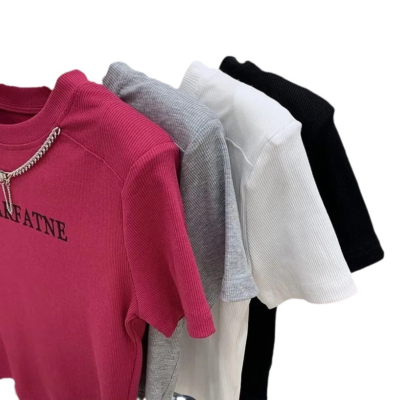 High-grade Ice Silk Thread Short-sleeved T-shirt Women's 2024 Summer New Design Niche Chain Printed Short Top
