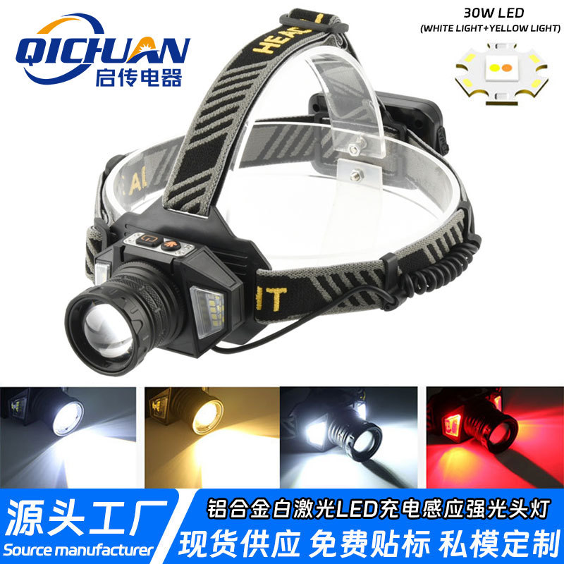 New Yellow and White Dual Light Source Strong Light Headlamp Induction Zoom Rechargeable Long-Life Miner's Lamp Outdoor Camping Waterproof Headlamp