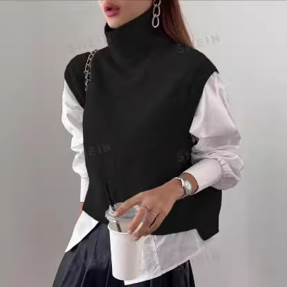 Picture of High-Neck Knitted Vest for Women, Korean Style, Loose Casual Sleeveless Sweater, Outerwear Layering Vest, Wool Blend