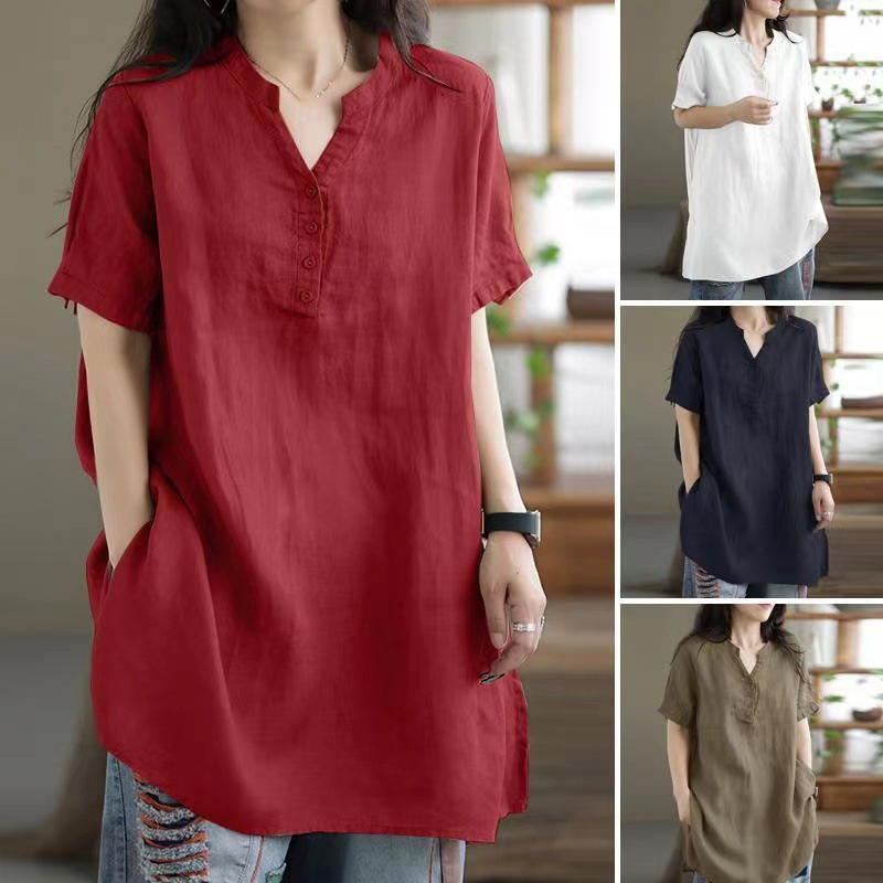 Amazon Cross-Border Spring and Summer Large Size Loose Fat mm Twist Button Fashion V Neck Short-Sleeved Pure Color T-Shirt for Women Export Wholesale