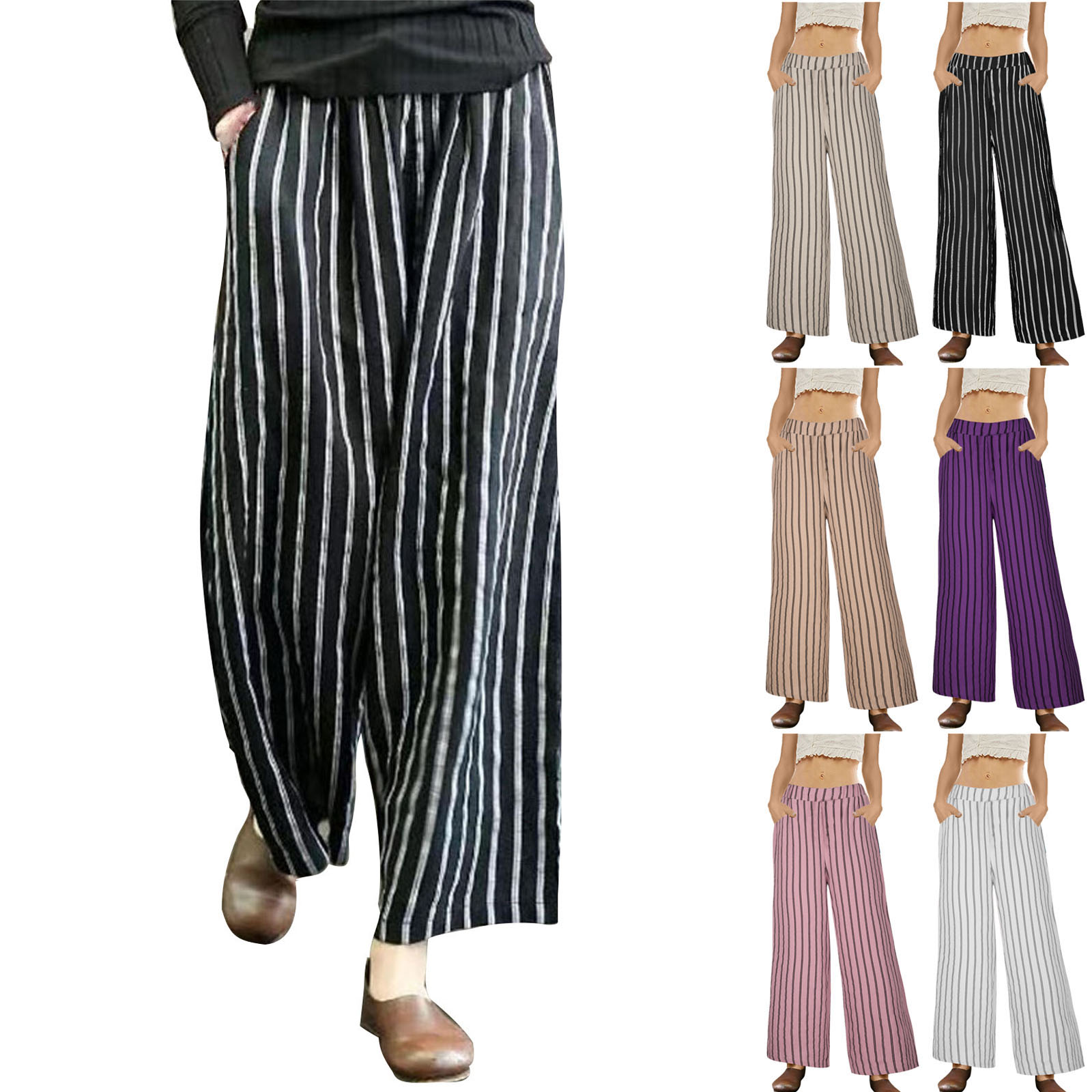 2023 Amazon Retro Cotton and Linen Striped Wide-Leg Pants Women's Slimming Sag Casual Straight Pants Summer Style
