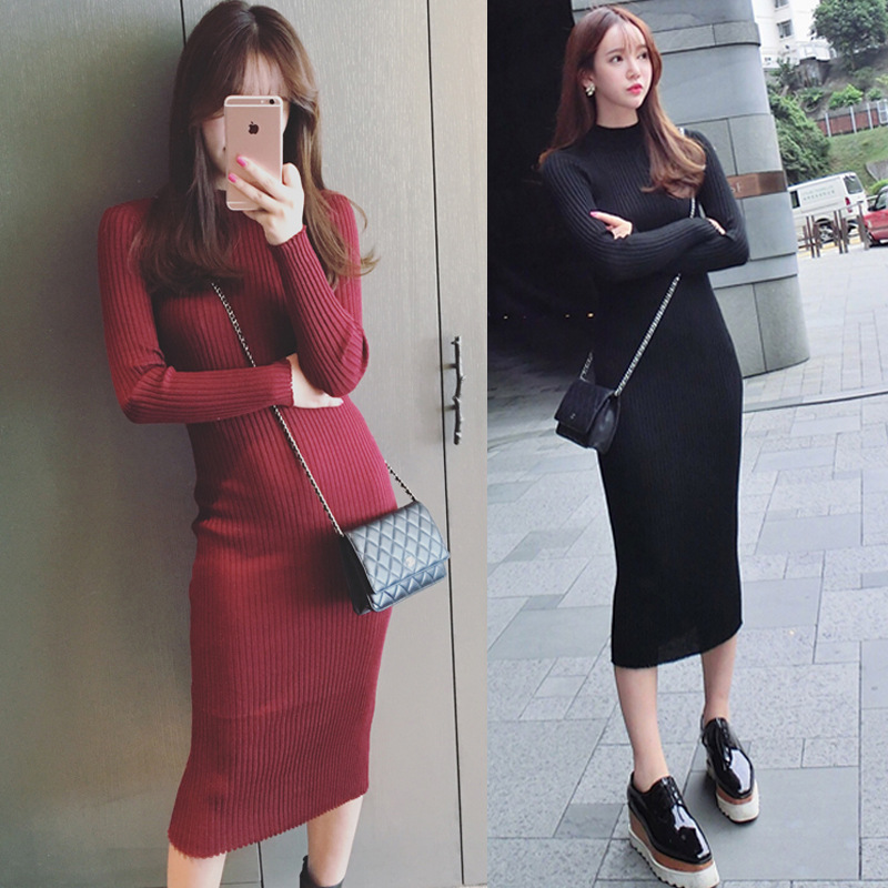 2025 Korean Style Spring & Fall New Sexy Bottoming Long-Sleeved Knitted Dress Women's Hip-Hugging Mid-Skirt with Small Turtleneck