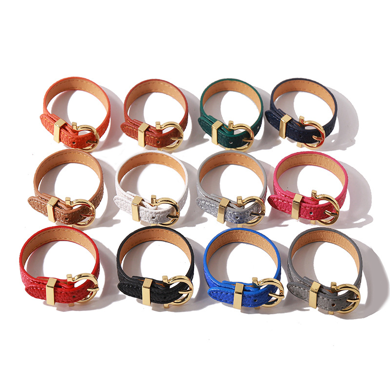 [56] AliExpress Amazon WISH supply street fashion litchi pattern single ring smooth alloy PU bracelet tide
