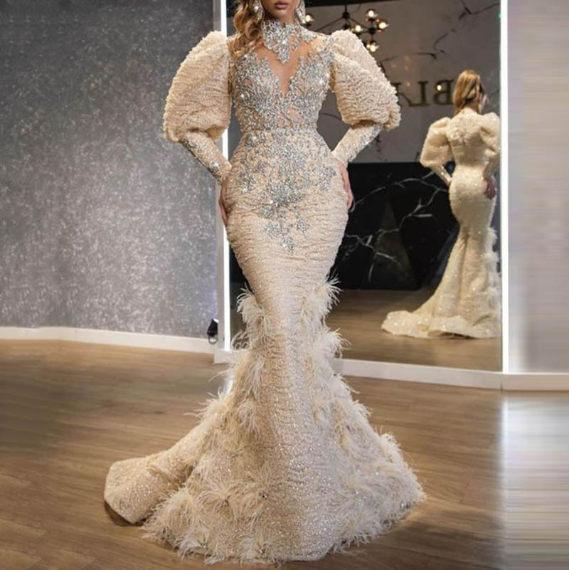2025 European and American Cross-Border New Amazon Dress V Neck Feather Princess Dress Sprinkled with Gold Long Mesh Evening Dress