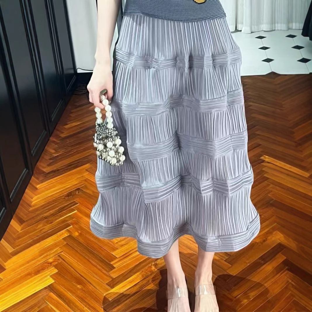 Pleated overskirt 2024 summer design feeling temperament irregular A- line skirt fashion versatile large swing overskirt mid-length