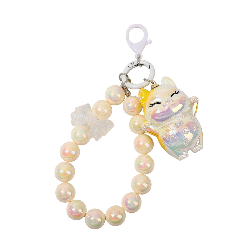 Picture of Girl heart lucky cat beads keychain two-color pearl beaded mobile phone chain bag keychain pendant